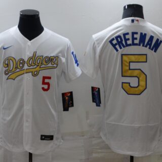 Men's Los Angeles Dodgers #5 Freddie Freeman White Gold Flex Base Stitched Jersey
