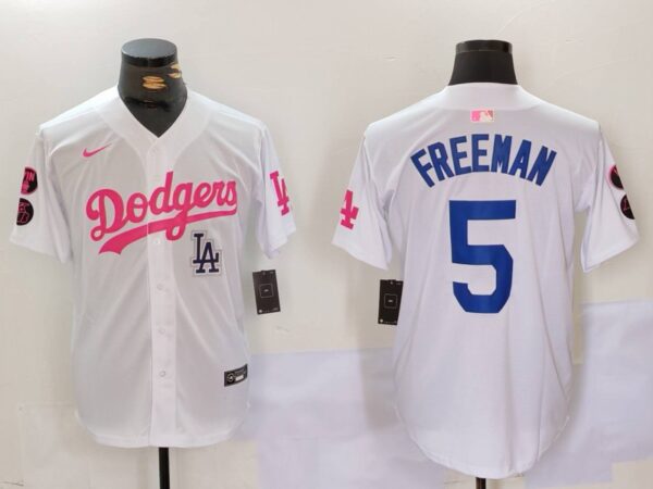 Men's Los Angeles Dodgers #5 Freddie Freeman White Pink Vin & Kobe Patch Stitched Baseball Jerseys