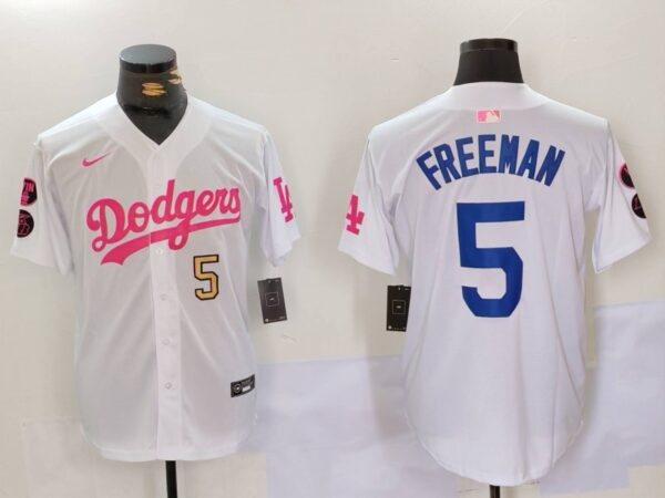 Men's Los Angeles Dodgers #5 Freddie Freeman White Pink Vin & Kobe Patch Stitched Baseball Jerseys
