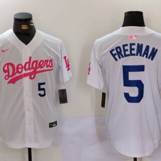 Men's Los Angeles Dodgers #5 Freddie Freeman White Pink Vin & Kobe Patch Stitched Baseball Jerseys