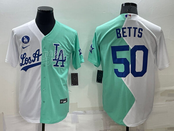 Men's Los Angeles Dodgers #50 Mookie Betts 2022 All-Star White Green Cool Base Stitched Baseball Jersey