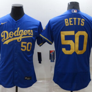 Men's Los Angeles Dodgers #50 Mookie Betts Blue Gold 2020 World Series Flex Base Stitched Jersey