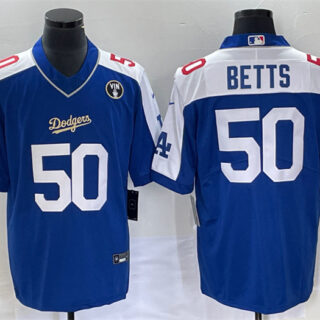 Men's Los Angeles Dodgers #50 Mookie Betts Blue Vin Scully Patch Stitched Jersey