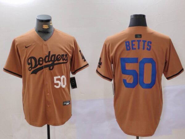 Men's Los Angeles Dodgers #50 Mookie Betts Brown Cool Base Stitched Baseball Jerseys
