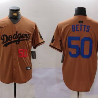 Men's Los Angeles Dodgers #50 Mookie Betts Brown Cool Base Stitched Baseball Jerseys