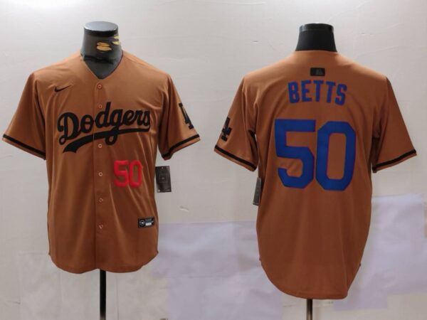 Men's Los Angeles Dodgers #50 Mookie Betts Brown Cool Base Stitched Baseball Jerseys