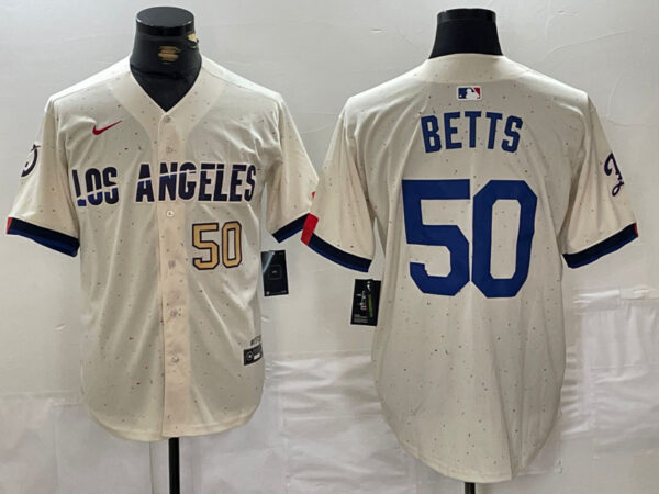 Men's Los Angeles Dodgers #50 Mookie Betts Cream Stitched Baseball Jerseys