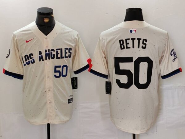 Men's Los Angeles Dodgers #50 Mookie Betts Cream Stitched Baseball Jerseys