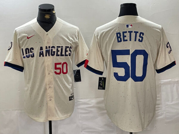Men's Los Angeles Dodgers #50 Mookie Betts Cream Stitched Baseball Jerseys