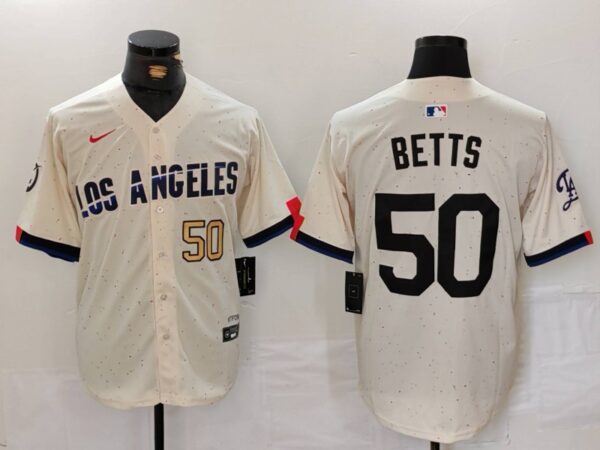Men's Los Angeles Dodgers #50 Mookie Betts Cream Stitched Baseball Jerseys