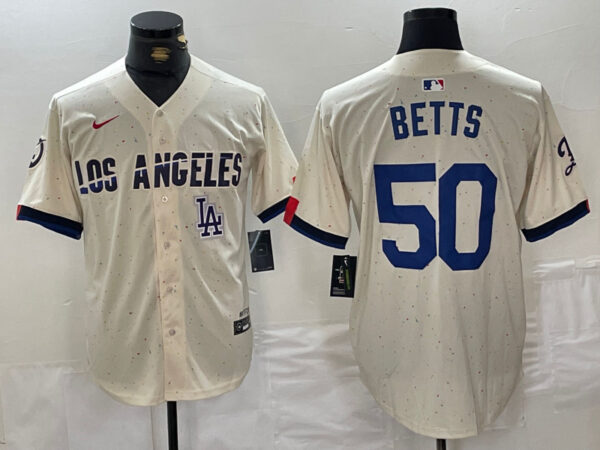 Men's Los Angeles Dodgers #50 Mookie Betts Cream Stitched Baseball Jerseys