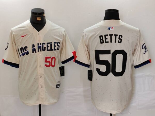 Men's Los Angeles Dodgers #50 Mookie Betts Cream Stitched Baseball Jerseys