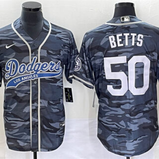 Men's Los Angeles Dodgers #50 Mookie Betts Gray Camo Cool Base With Patch Stitched Baseball Jersey