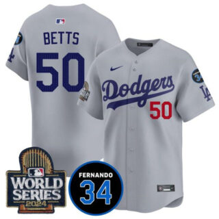 Men's Los Angeles Dodgers #50 Mookie Betts Grey 2024 World Series With Fernando Memorial Patch Limited Stitched Baseball Jersey
