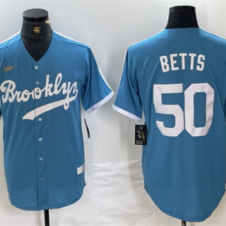 Men's Los Angeles Dodgers #50 Mookie Betts Light Blue Throwback Cool Base Stitched Baseball Jersey