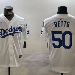Men's Los Angeles Dodgers #50 Mookie Betts White 2024 World Series With Fernando Memorial Patch Home Limited Stitched Baseball Jerseys