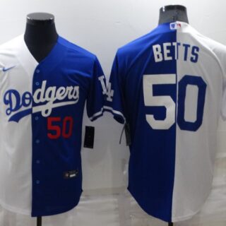 Men's Los Angeles Dodgers #50 Mookie Betts White Blue Split Cool Base Stitched Baseball Jersey