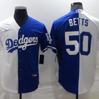 Men's Los Angeles Dodgers #50 Mookie Betts White Blue Split Cool Base Stitched Baseball Jerseys