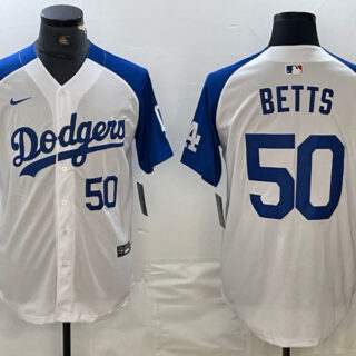 Men's Los Angeles Dodgers #50 Mookie Betts White Blue Vin Patch Cool Base Stitched Baseball Jersey