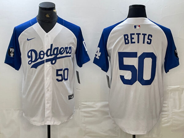 Men's Los Angeles Dodgers #50 Mookie Betts White Blue Vin Patch Cool Base Stitched Baseball Jersey