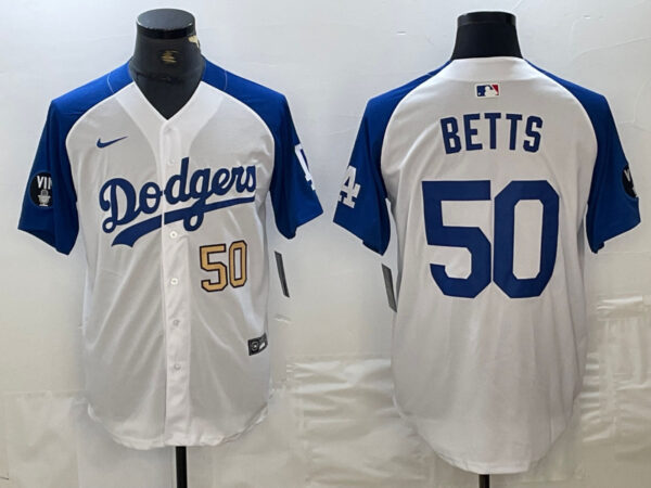 Men's Los Angeles Dodgers #50 Mookie Betts White Blue Vin Patch Cool Base Stitched Baseball Jersey