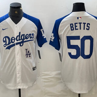 Men's Los Angeles Dodgers #50 Mookie Betts White Blue Vin Patch Cool Base Stitched Baseball Jersey