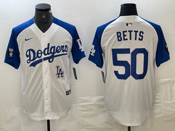 Men's Los Angeles Dodgers #50 Mookie Betts White Blue Vin Patch Cool Base Stitched Baseball Jersey