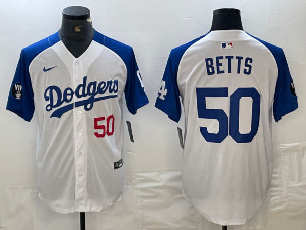 Men's Los Angeles Dodgers #50 Mookie Betts White Blue Vin Patch Cool Base Stitched Baseball Jersey