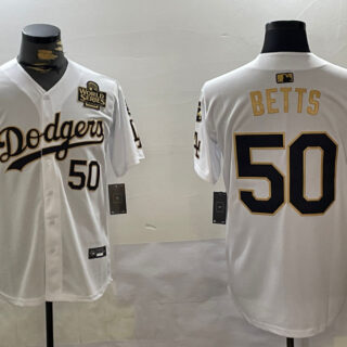 Men's Los Angeles Dodgers #50 Mookie Betts White Gold 2024 World Series With Fernando Memorial Patch Limited Stitched Baseball Jerseys