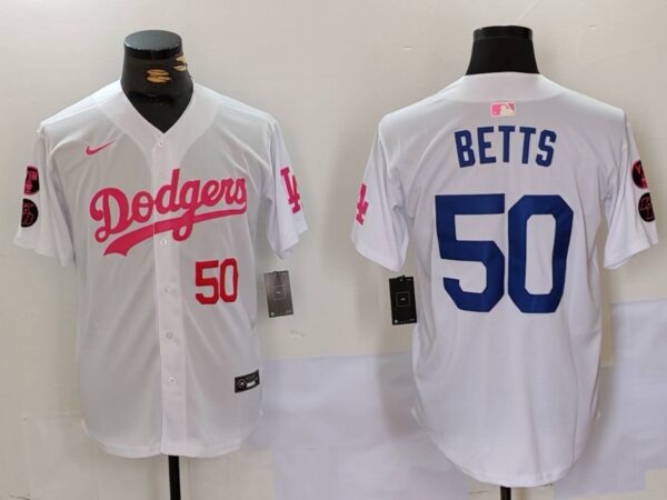 Men's Los Angeles Dodgers #50 Mookie Betts White Pink Vin & Kobe Patch Stitched Baseball Jerseys