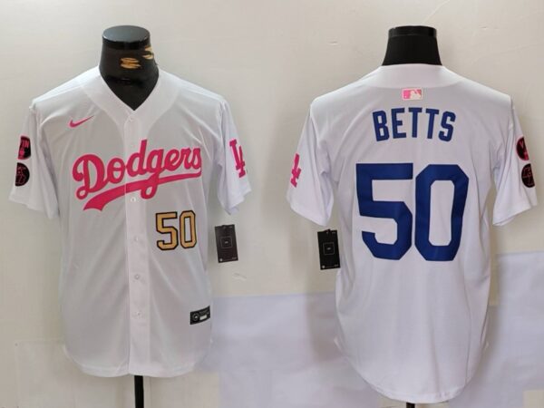 Men's Los Angeles Dodgers #50 Mookie Betts White Pink Vin & Kobe Patch Stitched Baseball Jerseys