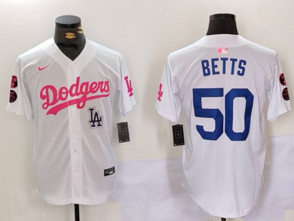 Men's Los Angeles Dodgers #50 Mookie Betts White Pink Vin & Kobe Patch Stitched Baseball Jerseys