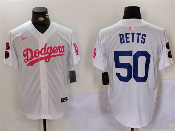 Men's Los Angeles Dodgers #50 Mookie Betts White Pink Vin & Kobe Patch Stitched Baseball Jersey