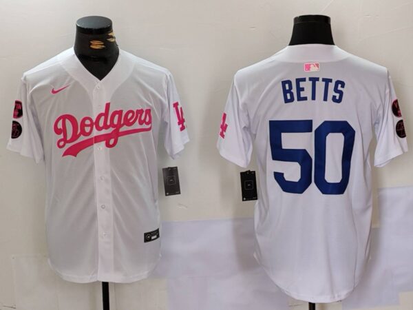Men's Los Angeles Dodgers #50 Mookie Betts White Pink Vin & Kobe Patch Stitched Baseball Jerseys
