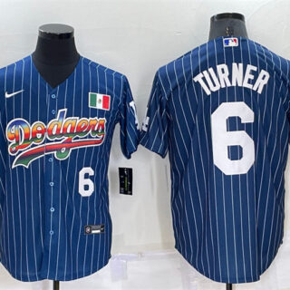 Men's Los Angeles Dodgers #6 Trea Turner Navy Mexico Rainbow Cool Base Stitched Baseball Jersey