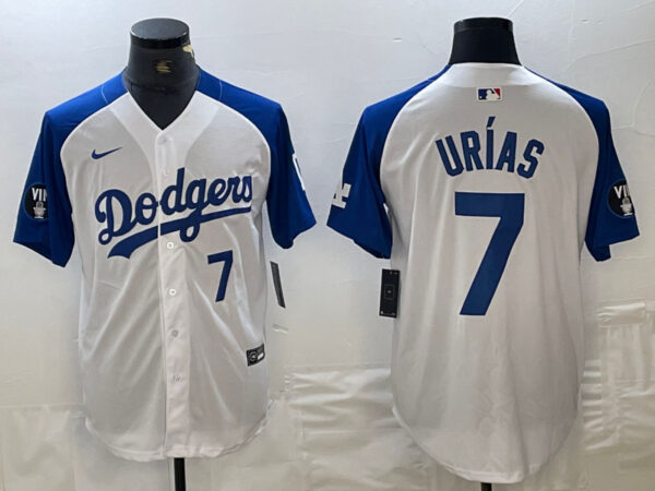 Men's Los Angeles Dodgers #7 Julio Urías White Blue Vin Patch Cool Base Stitched Baseball Jersey