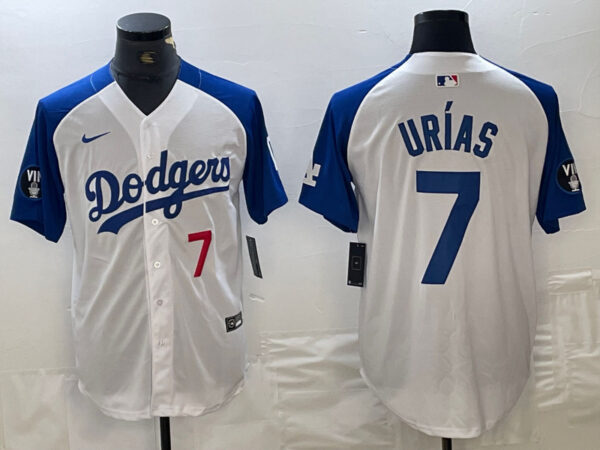Men's Los Angeles Dodgers #7 Julio Urías White Blue Vin Patch Cool Base Stitched Baseball Jersey