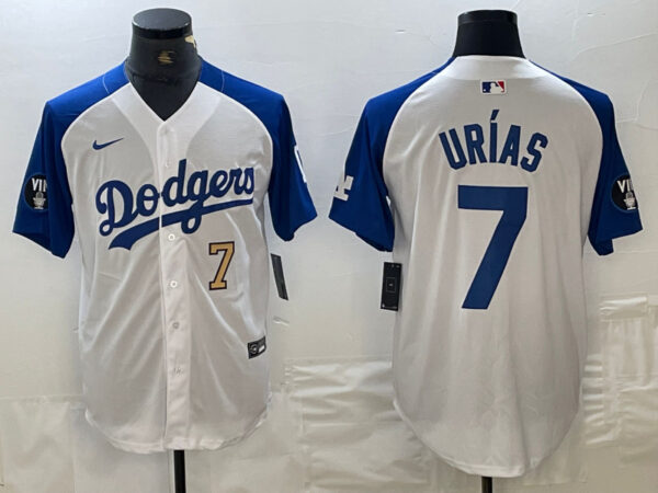 Men's Los Angeles Dodgers #7 Julio Urías White Blue Vin Patch Cool Base Stitched Baseball Jersey