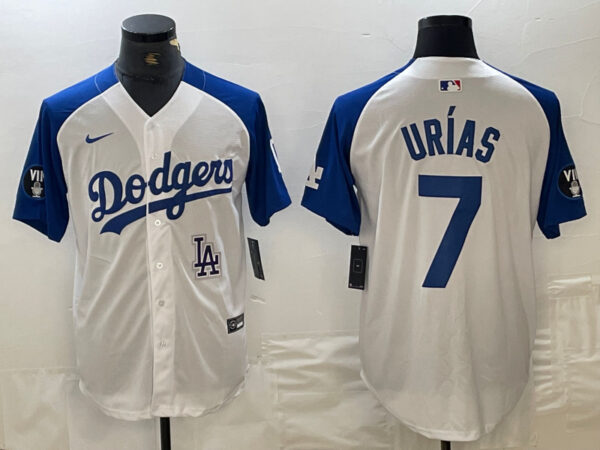 Men's Los Angeles Dodgers #7 Julio Urías White Blue Vin Patch Cool Base Stitched Baseball Jersey