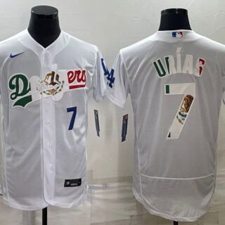 Men's Los Angeles Dodgers #7 Julio Urías White With Vin Scully Patch Flex Base Stitched Baseball Jersey