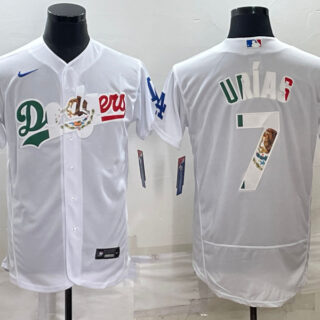 Men's Los Angeles Dodgers #7 Julio Urías White With Vin Scully Patch Flex Base Stitched Baseball JerseyS 1