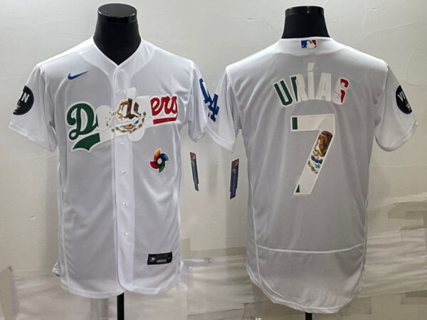 Men's Los Angeles Dodgers #7 Julio Urías White With Vin Scully Patch Flex Base Stitched Baseball JerseyS