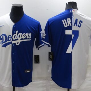 Men's Los Angeles Dodgers #7 Julio Urias White Blue Split Cool Base Stitched Baseball Jersey