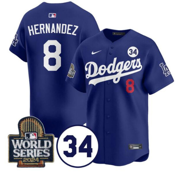 Men's Los Angeles Dodgers #8 Enrique Hernandez Royal 2024 World Series With No. 34 Patch Limited Stitched Baseball Jersey