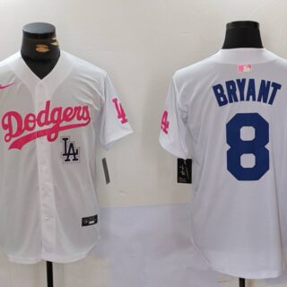 Men's Los Angeles Dodgers #8 Kobe Bryant White Pink Vin & Kobe Patch Stitched Baseball Jerseys