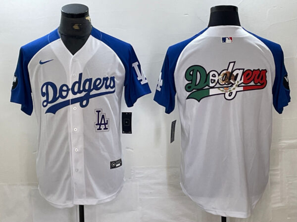 Men's Los Angeles Dodgers Big Logo White Blue Vin Patch Cool Base Stitched Baseball Jersey