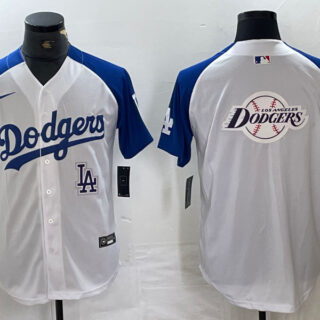 Men's Los Angeles Dodgers Big Logo White Blue Vin Patch Cool Base Stitched Baseball Jersey