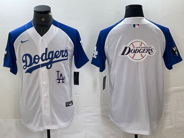 Men's Los Angeles Dodgers Big Logo White Blue Vin Patch Cool Base Stitched Baseball Jersey