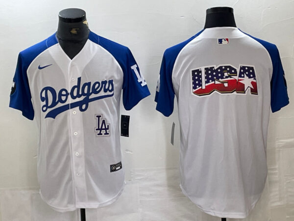 Men's Los Angeles Dodgers Big Logo White Blue Vin Patch Cool Base Stitched Baseball Jersey