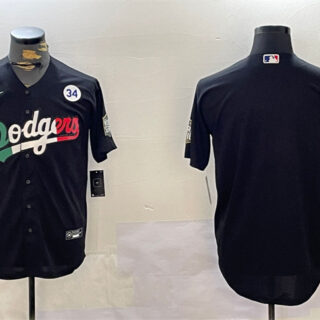 Men's Los Angeles Dodgers Blank Black Mexico 2024 World Series With No. 34 Patch Cool Base Stitched Baseball Jersey